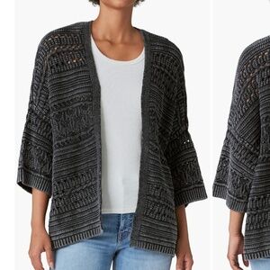 Lucky Brand Dark Acid Wash Open Front Crochet Cardigan Size Small